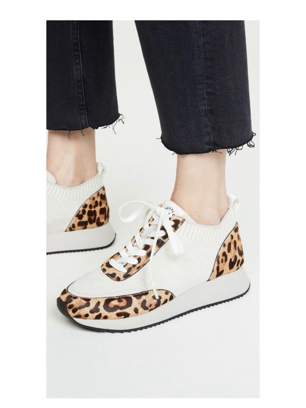 Loeffler Randall White Knit Sneakers with Leopard Panels new without box 6.5